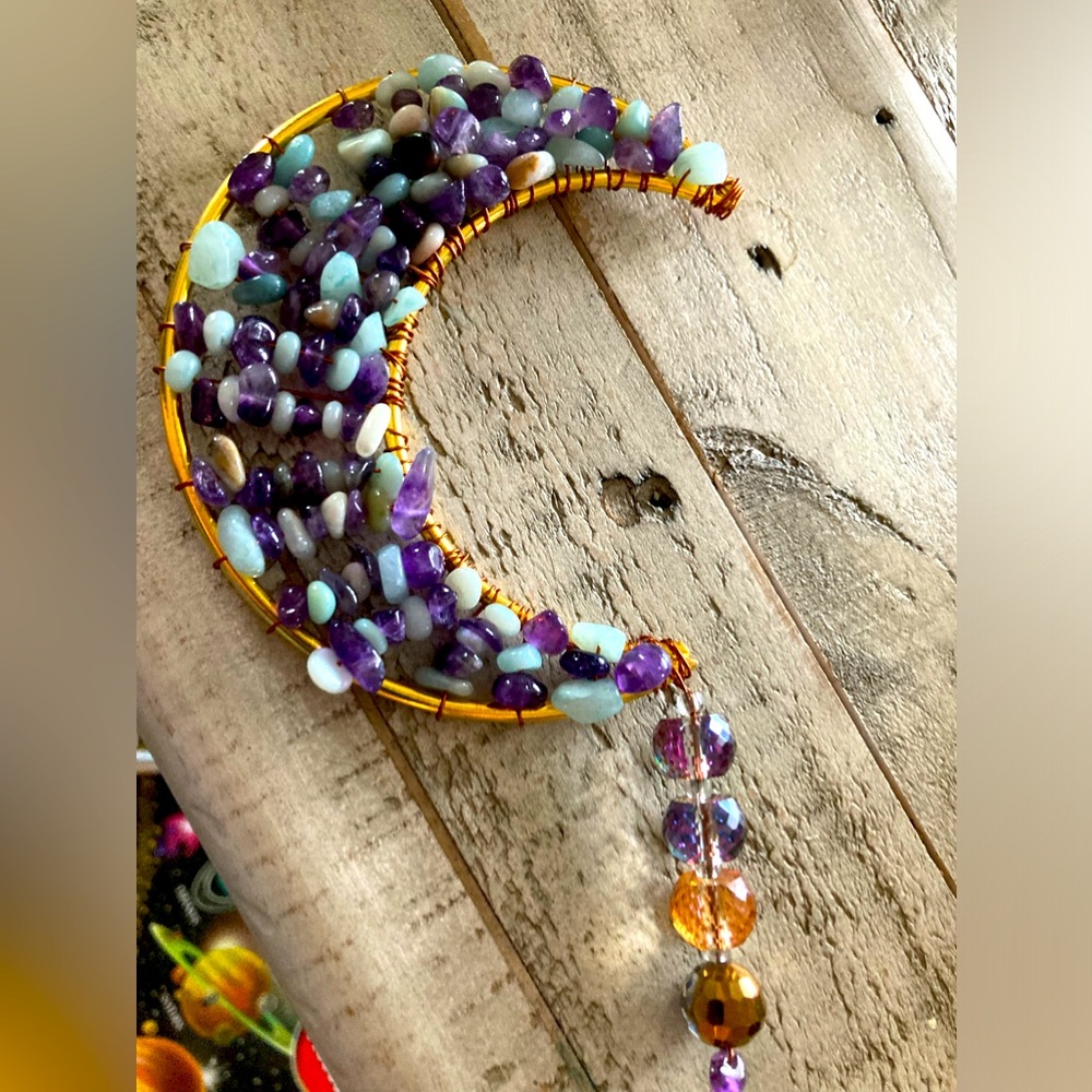 Hand beaded amethyst moon suncatcher